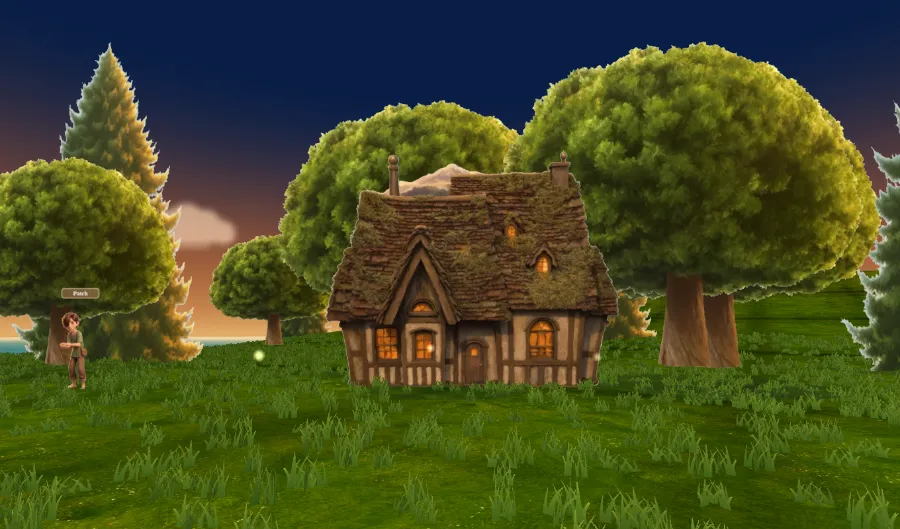 The cottage in the forest, windows glowing